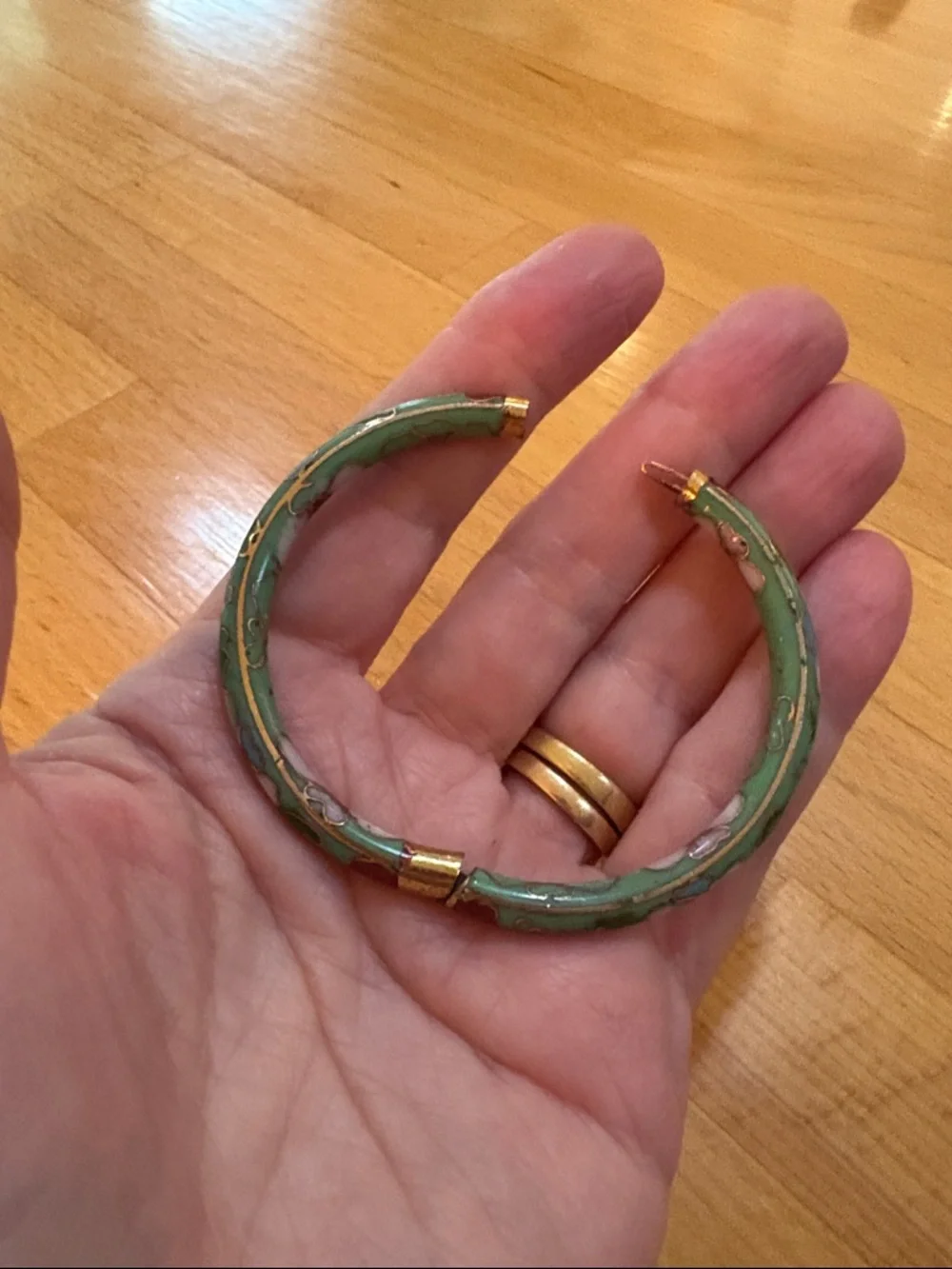 Child's Hinged Green Floral Cloisonné Bracelet